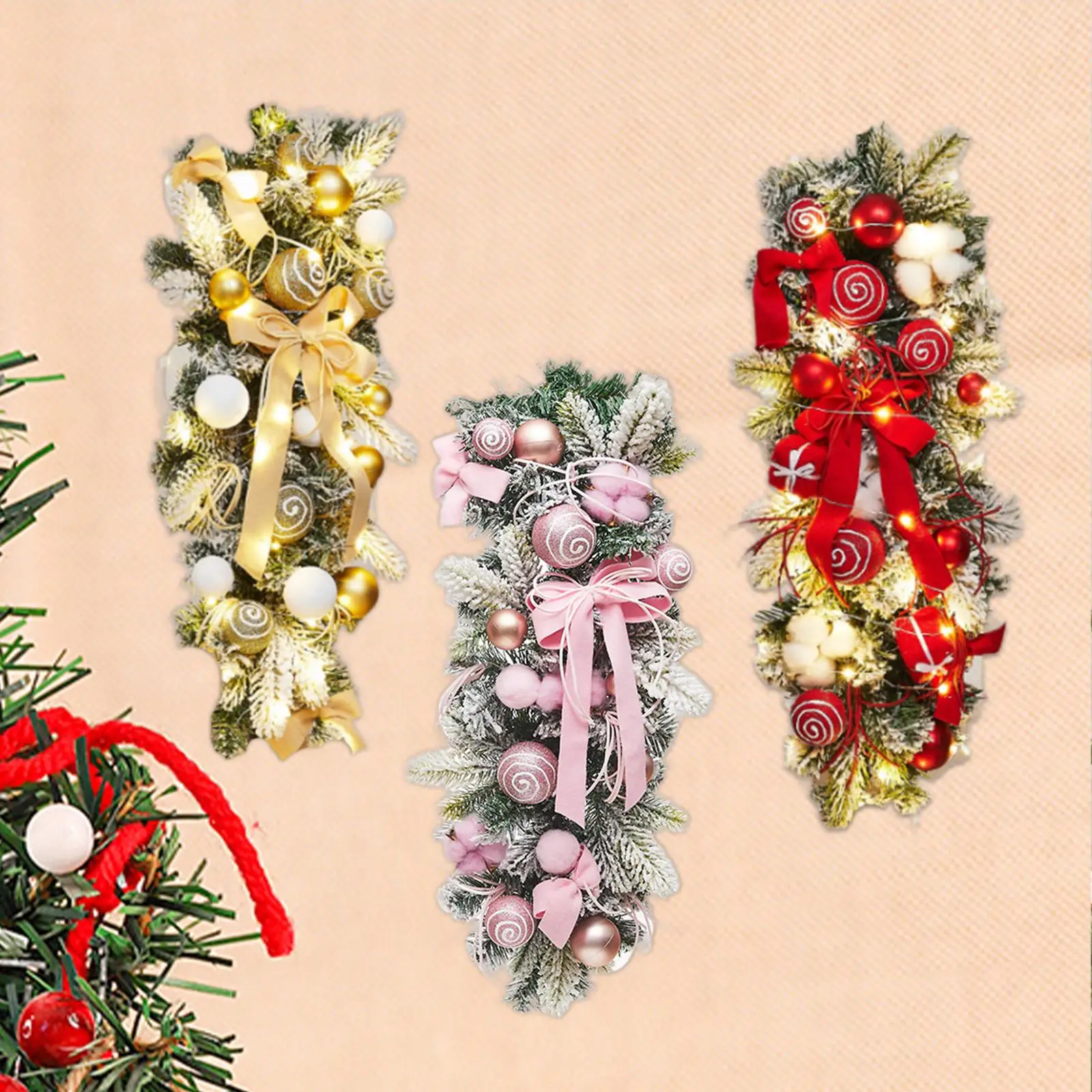 

Christmas Stairway Swag with Lights Xmas with Bowknots Artificial Ornament for Home Door Window Fireplace Mantle Living Room