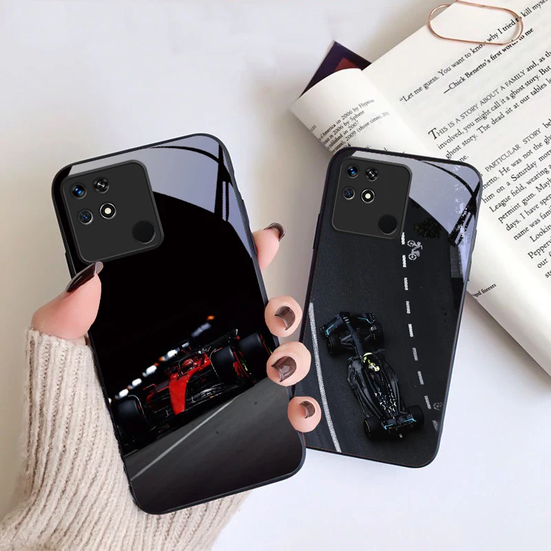 Black racing car For Xiaomi Mi 9 SE 12 12T 13 13T 14 14T Pro 11 A3 A2 6X Pocophone F1 10T Lite 5G Mix 2S Black glass phone case view 4