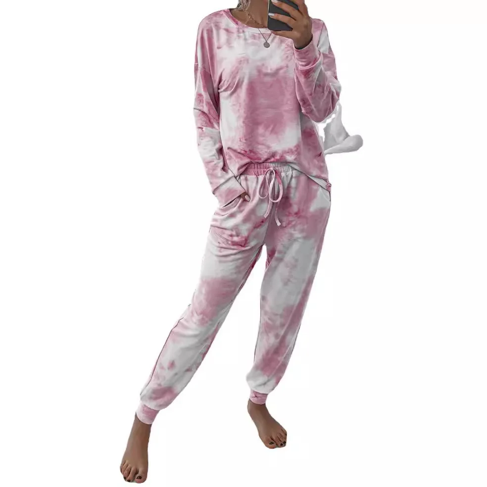 2024 Casual autumn Women Two-piece Set Long Sleeved Nebula print Loose t-shirt sweatshirt + long pant with pocket nightwear walk