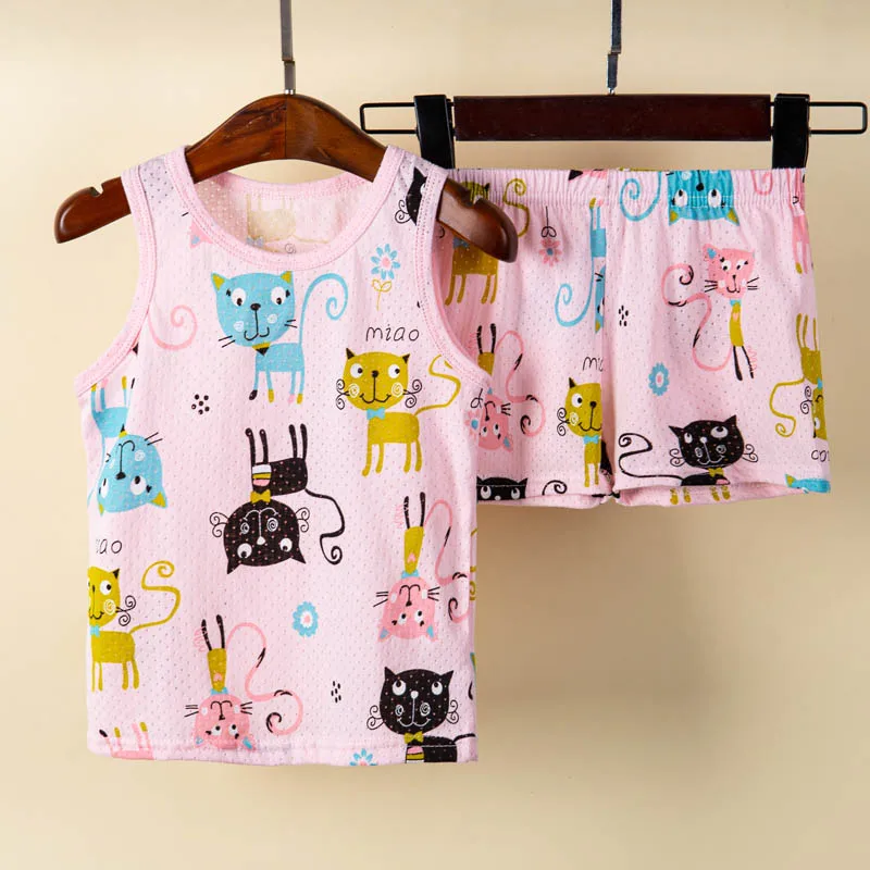 Cat Pajamas for Girls Children's Cotton Summer Clothes Sleeveless Kids 1 to 9 Years Loungewear Boys Dinosaur Car Print Sleepwear