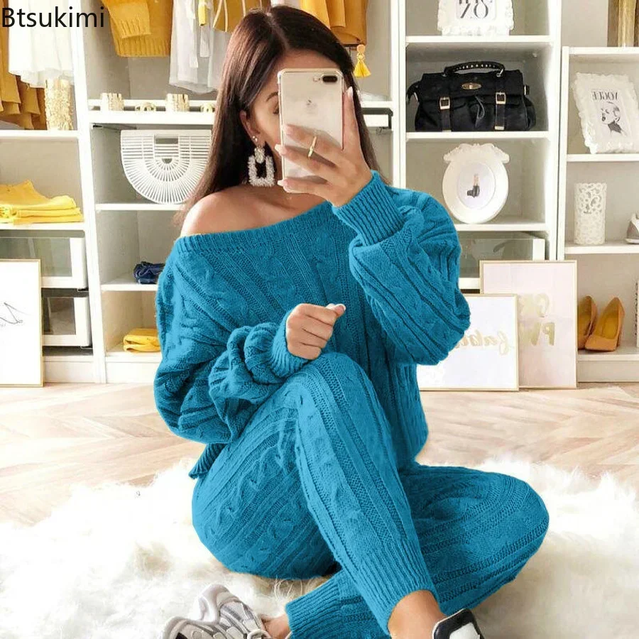 Autumn Winter Women 2 Piece Set Casual Knitted Tracksuit Sportswear Warm Sweater + Long Pants Outfits Women Autumn Wear S-5XL