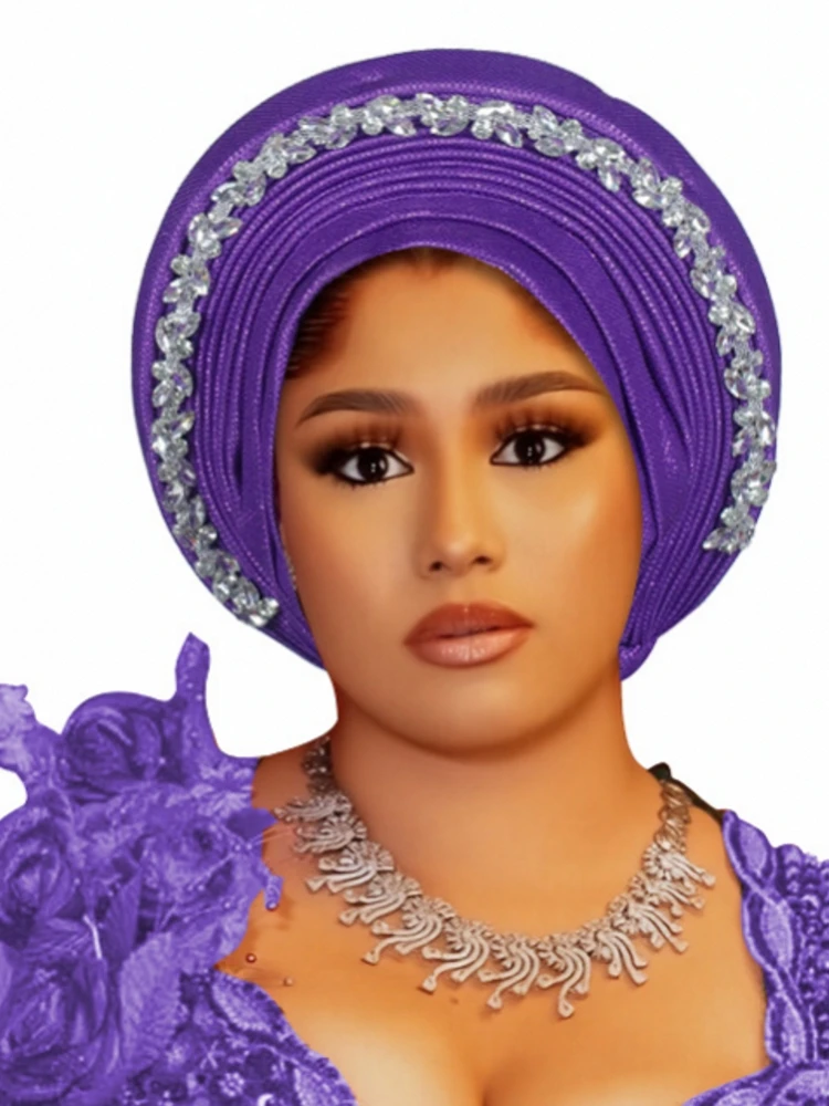 Nigerian Wedding Geles African Headtie Auto Gele Turbans For Women Aso Oke Fabric Muslim Headwear Headpiece Female Head Wraps