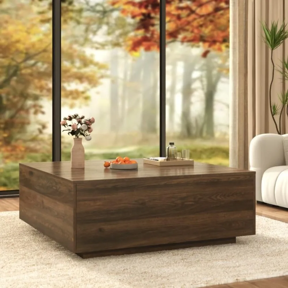 Square Coffee Table with Storage, 2 Drawers, Wooden Mid Century Center Table for Living Room, Walnut