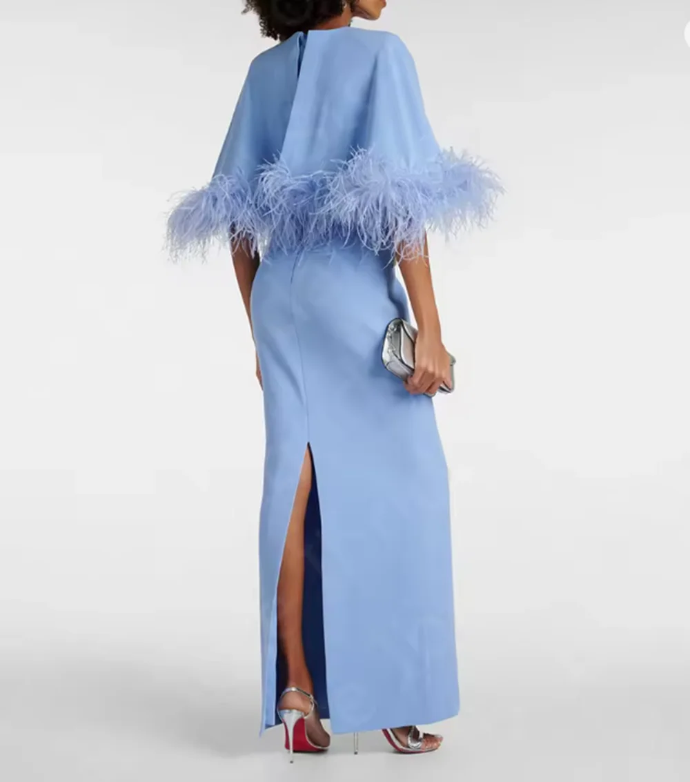 Nuevo vestido de plumas azul bebé 2024, vestido para madre para mujer, vestido para madre de la novia de manga 3/4, vestido árabe para invitados de boda con abertura en la espalda