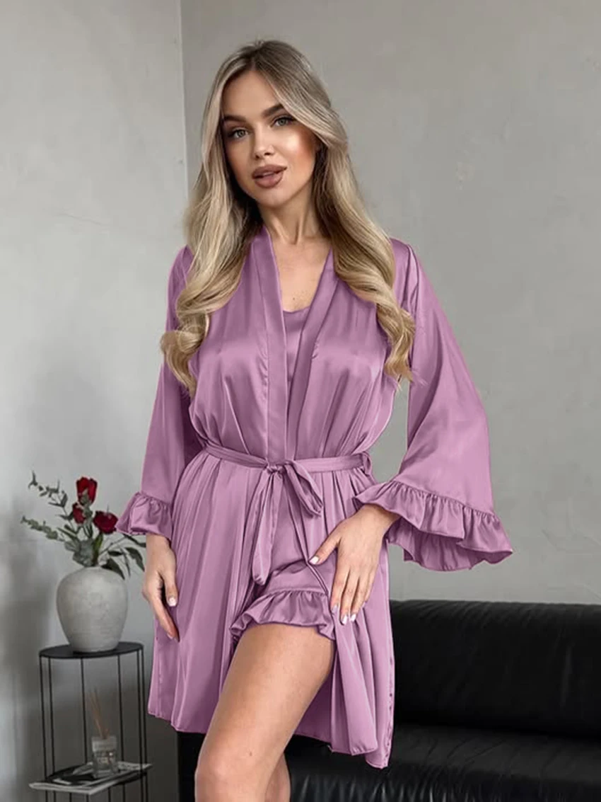Marthaqiqi Loose Women Sleepwear Suit V-Neck Bathrobe Long Sleeve Pajama Tank Tops Nightgown Shorts Casual Nightwear 3 Piece Set