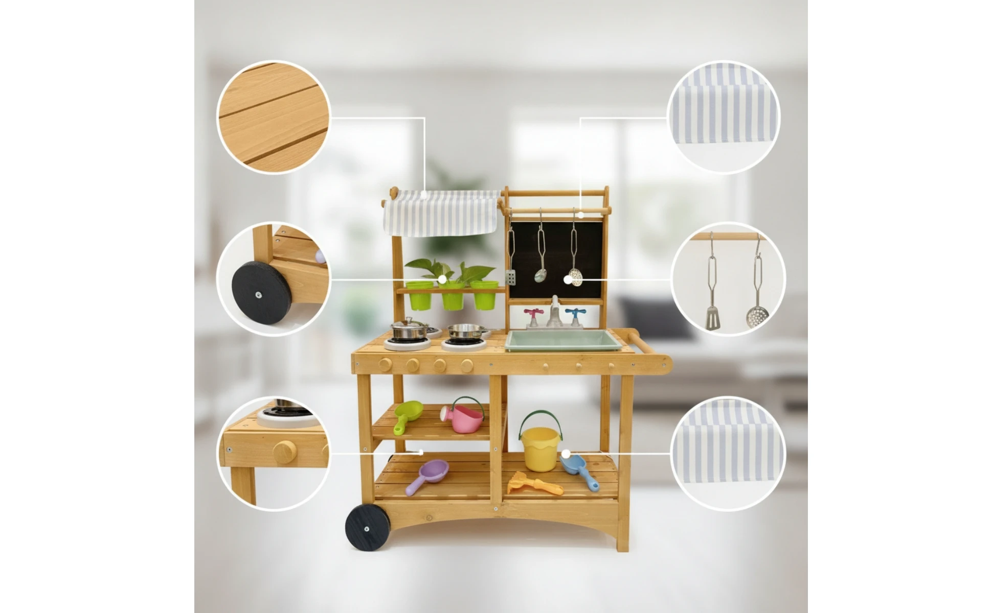 Toy Kitchen with Canopy Practical Pretend Kitchen with Wheels Playset Long-Lasting Safe for Children, Backyard, Daycare