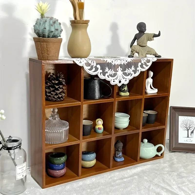 Cherry Wood Shelf Wall Mounted Double-Layer Lattice, Sturdy Solid Wood Tea Storage Rack Organizer for Living Room, Tea Room