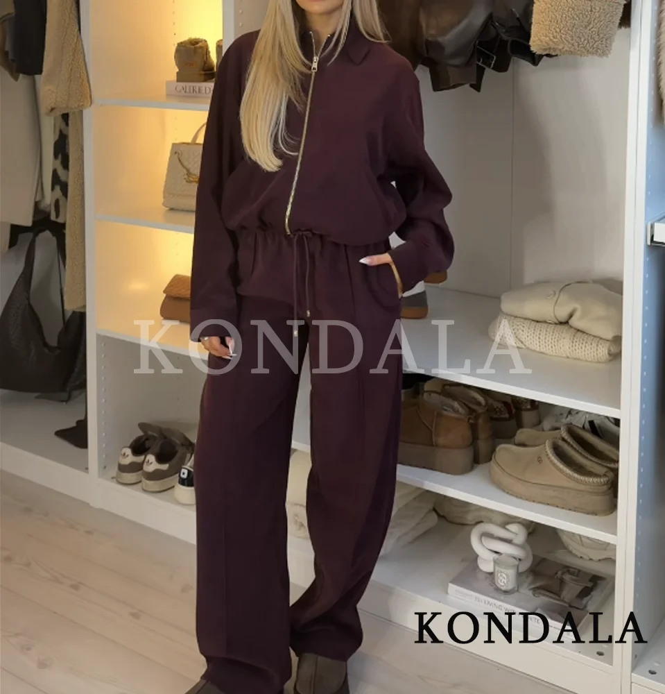 KONDALA Trendy Casual Pants Set Women Elegant High Street Loose Lapel Zipper Jacket, Drawstring Trousers 2026 Spring Holiday Set