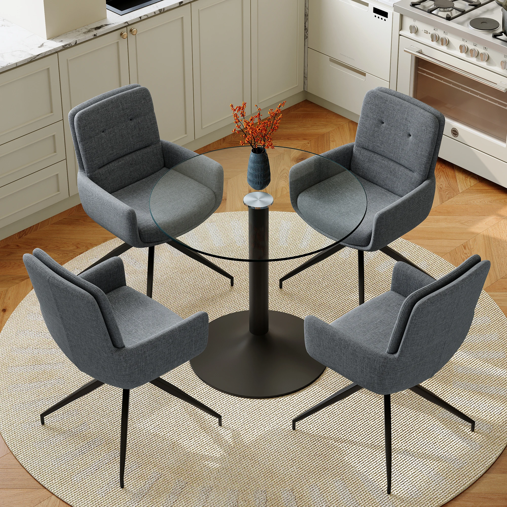 Ensemble de salle à manger 4 pièces, table ronde en verre trempé avec base en métal noir et 4 chaises pivotantes à 360 degrés en tissu gris foncé, style moderne et luxueux pour la maison, la cuisine et le salon