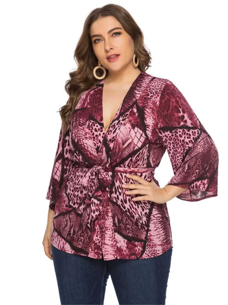 Plus Size Lente Zomer V-Hals Tops Vrouwen Print Mode Een Stuk Dames Blouses Losse Ruche Geplooide Casual Vrouw Tops