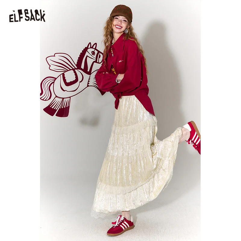 

ELFSACK 2026 Милая женская макси-юбка, многоуровневая элегантная длинная юбка трапециевидной формы с кружевной отделкой по краю торта, струящаяся юбка в стиле бохо осень-зима