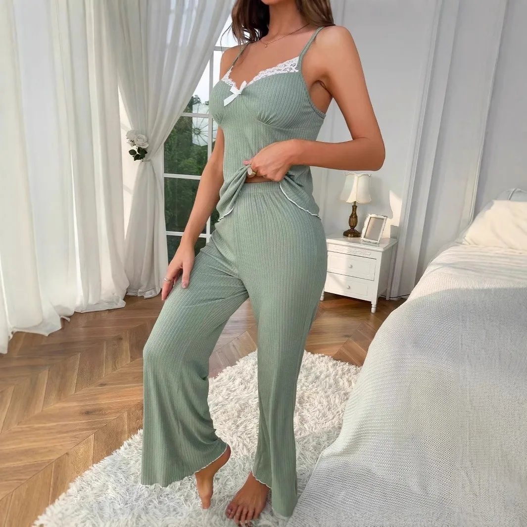 

Women's Lace Trim Pajama Set Solid Color Sleeveless Top & Elastic Waist Pants, Comfy Loungewear Two Piece Pants Suit Holiday