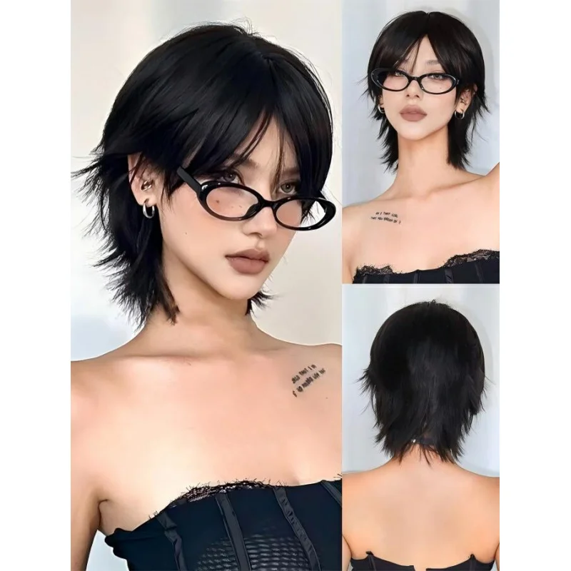 

12-дюймовый черный синтетический парик-мюлет с челкой, прямой, для повседневного ношения и косплея на вечеринках