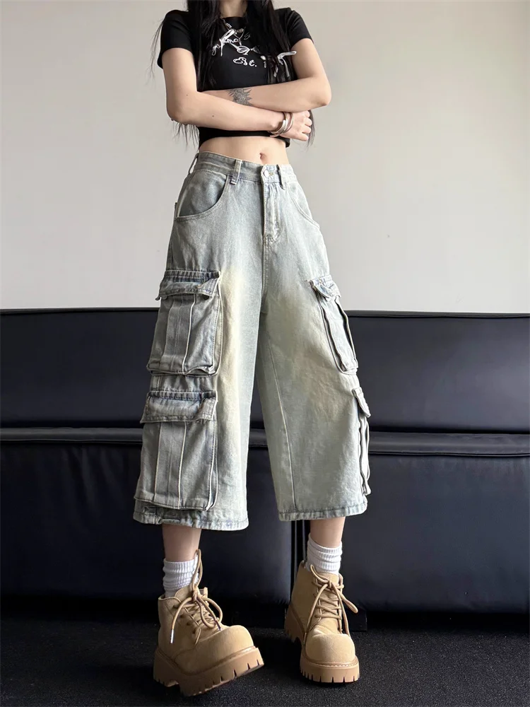 

Waed Light Denim Men's Street Sle orts Vintage Multi-ket Wide Leg Workwear Seven-Foot Pants Casual Loose Straight Cut