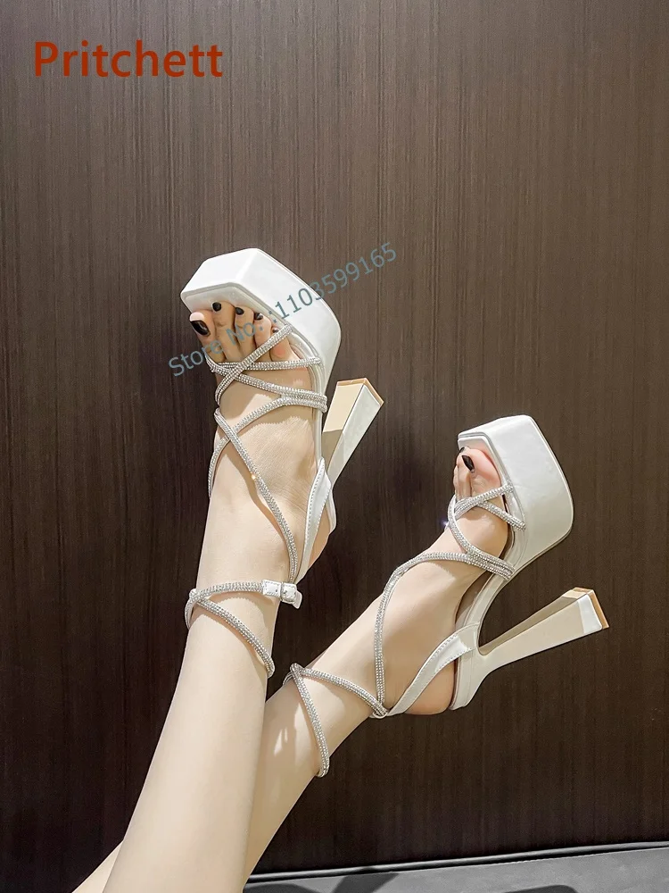 

15cm Crystal Solid Cross Strap Pumps Platform Square High Heel Buckle Strap Women's Shoes Shine Summer Dress Shoes Sexy