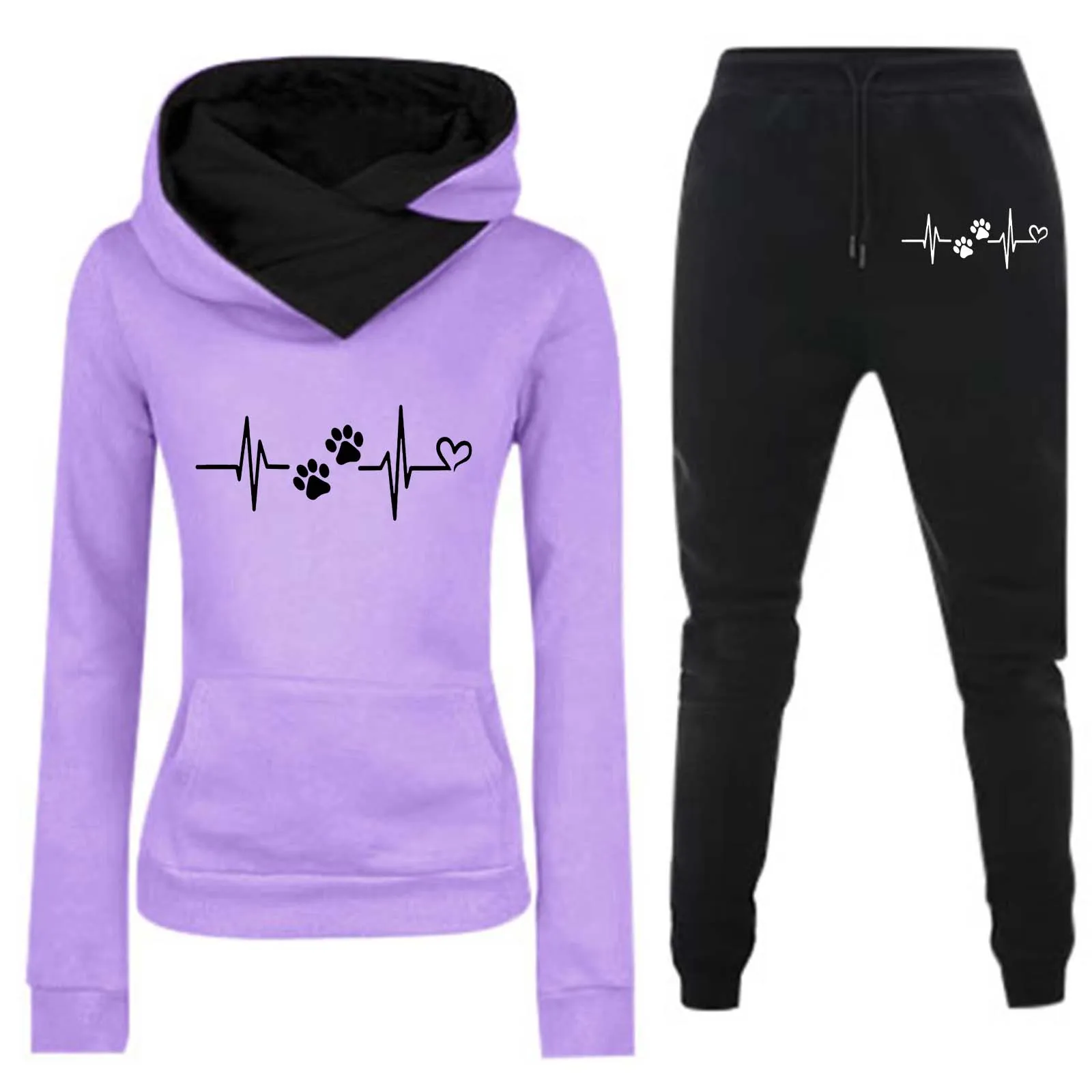 Two Piece Set Women's Fleece Hoodie Athletic Heartbeat Print Long Sleeve Sweatshirt and Lace Up Trousers Women Sports Suits