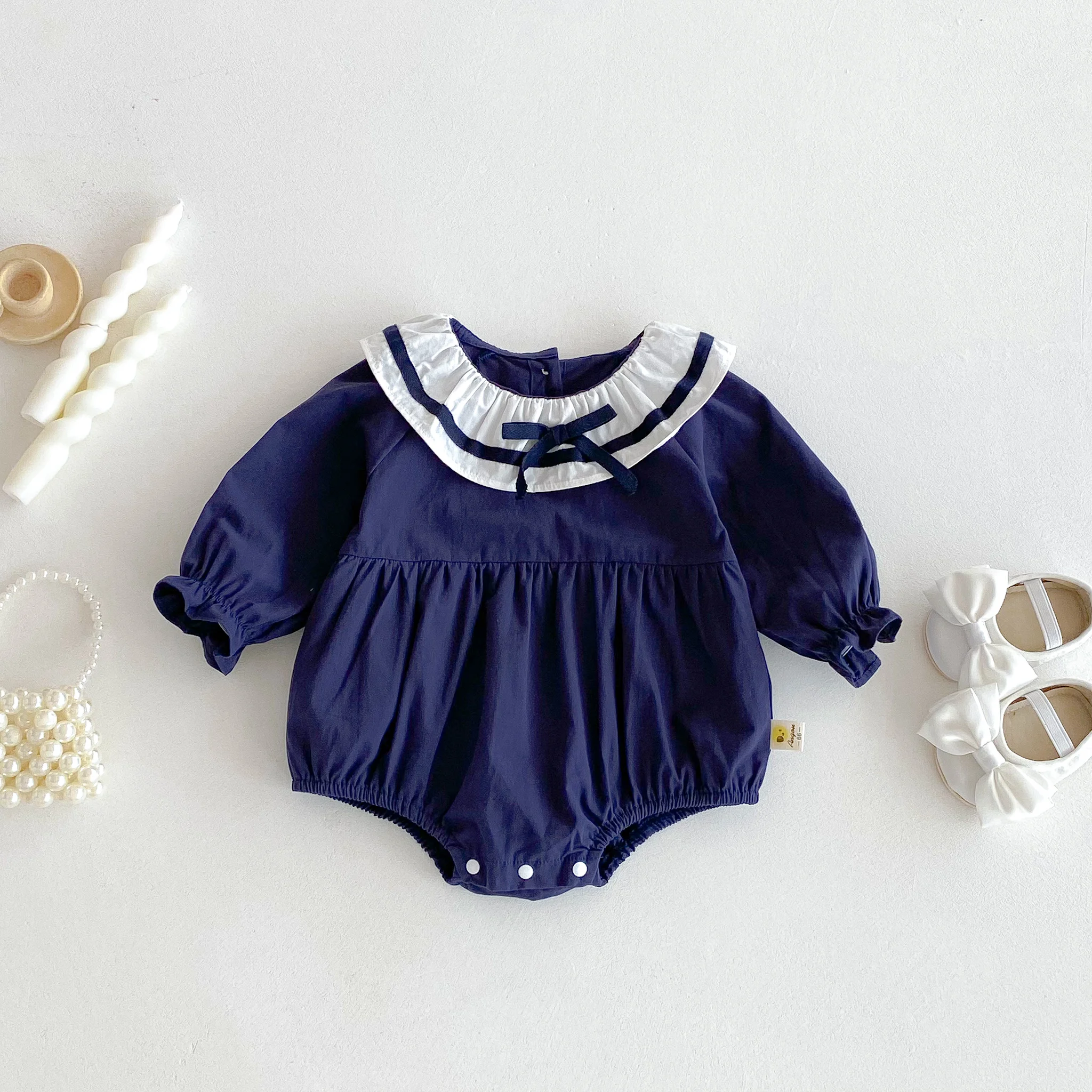 

Newborn one-piece suit, autumn baby collar, baby girl long-sleeved navy style one-piece suit, outdoor crawling suit