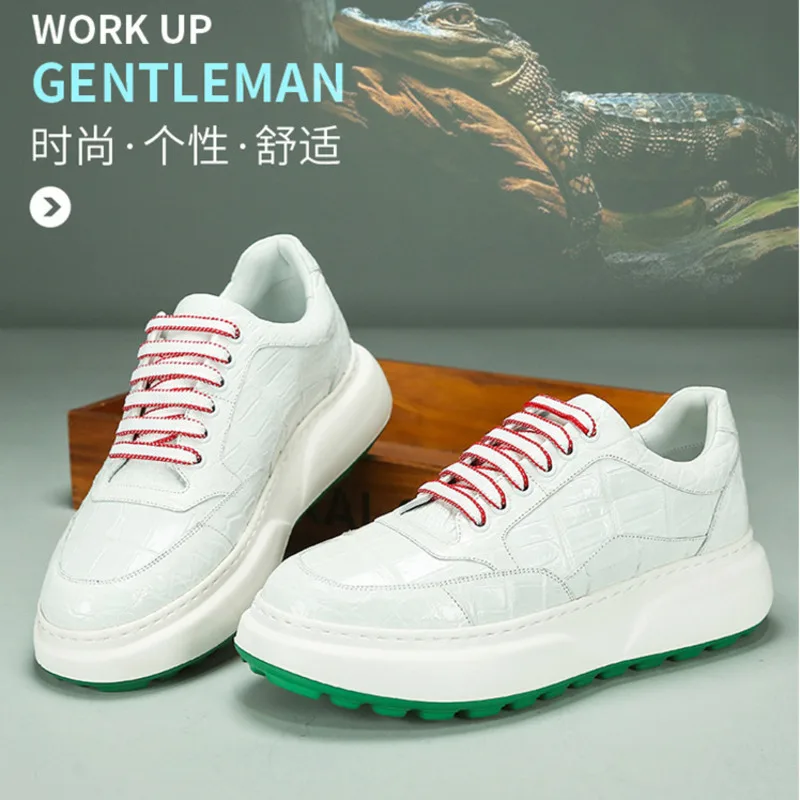 

New White Crocodile Leather Men Versatile Breathable Low Cut Sports Thick Soled Wear-resistant Genuine Leather White Casual Shoe