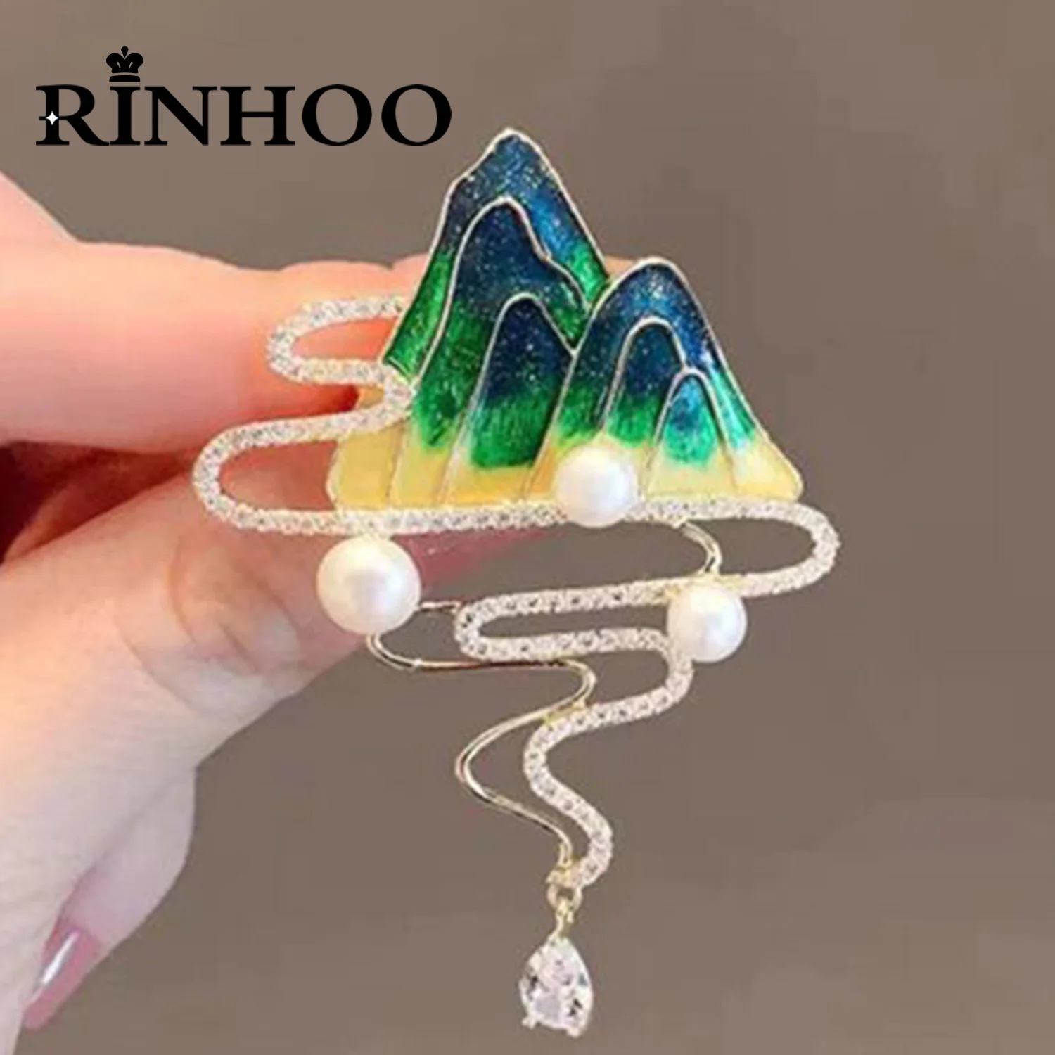 Rinhoo Vintage Chinese Style Mountain River Brooch For Women Elegant Outdoors Mountain Enamel Pins Backpack Badge Travel Jewelry