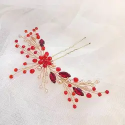 Red Rhinestone Bridal Hair Comb Headband Crystal Wedding Head Accessories Jewelry Fashion Handmade Bride Party Headpiece