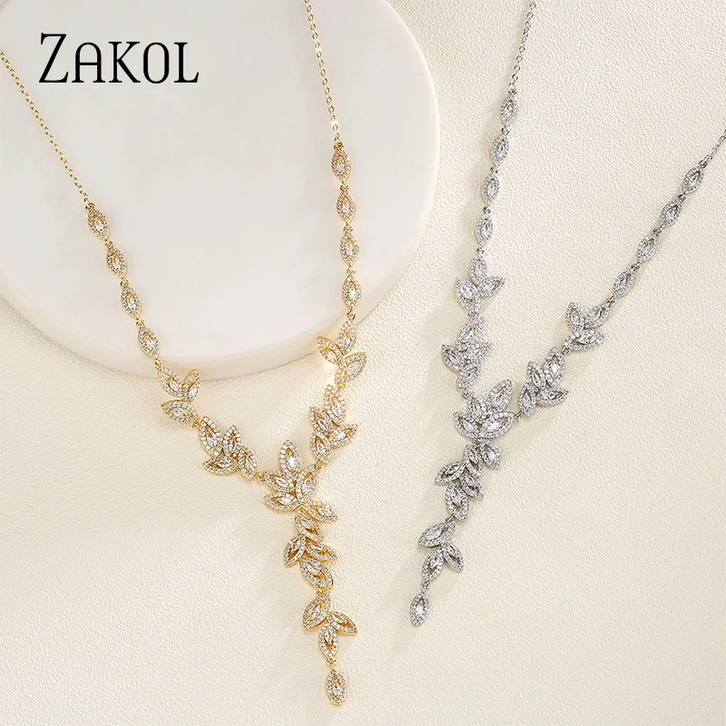 ZAKOL Luxury Gold Color Leaf Bridal Wedding Jewelry Sets for Women Marquise Zircon Earrings Necklace Bracelets Set