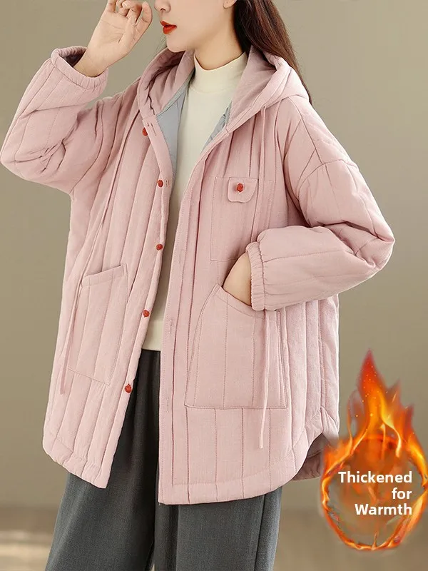 

New Chinese Sle Women's Cotton Linen Hooded Jaet Thiened Long Sve Retro Workwear Pure Color Loose Fit Coat