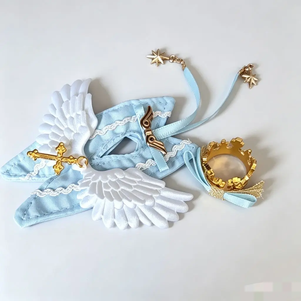 OB11 Angel Prince Outfit Set for 1/12 BJD Dolls, White Wing Blue Shawl Shirt Shorts with Crown Accessories (Doll Not Included) 6
