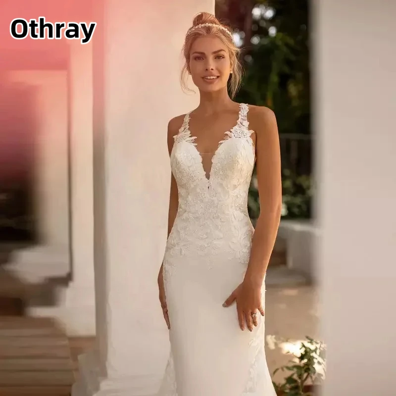 Othray Luxus-Brautkleid mit V-Ausschnitt, ärmellos, Boho-Meerjungfrau, ärmellos, für Damen, Spitzenapplikationen, offener Rücken, bodenlanges Brautkleid
