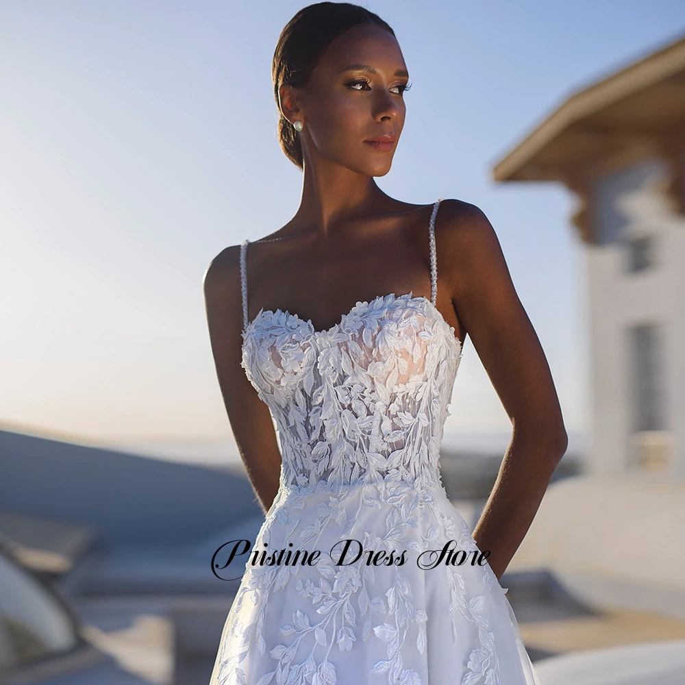 رشيقة الجانب الشق السباغيتي الأشرطة تول فستان الزفاف للنساء العرائس مخصص يزين بلا أكمام الحبيب زي العرائس #4