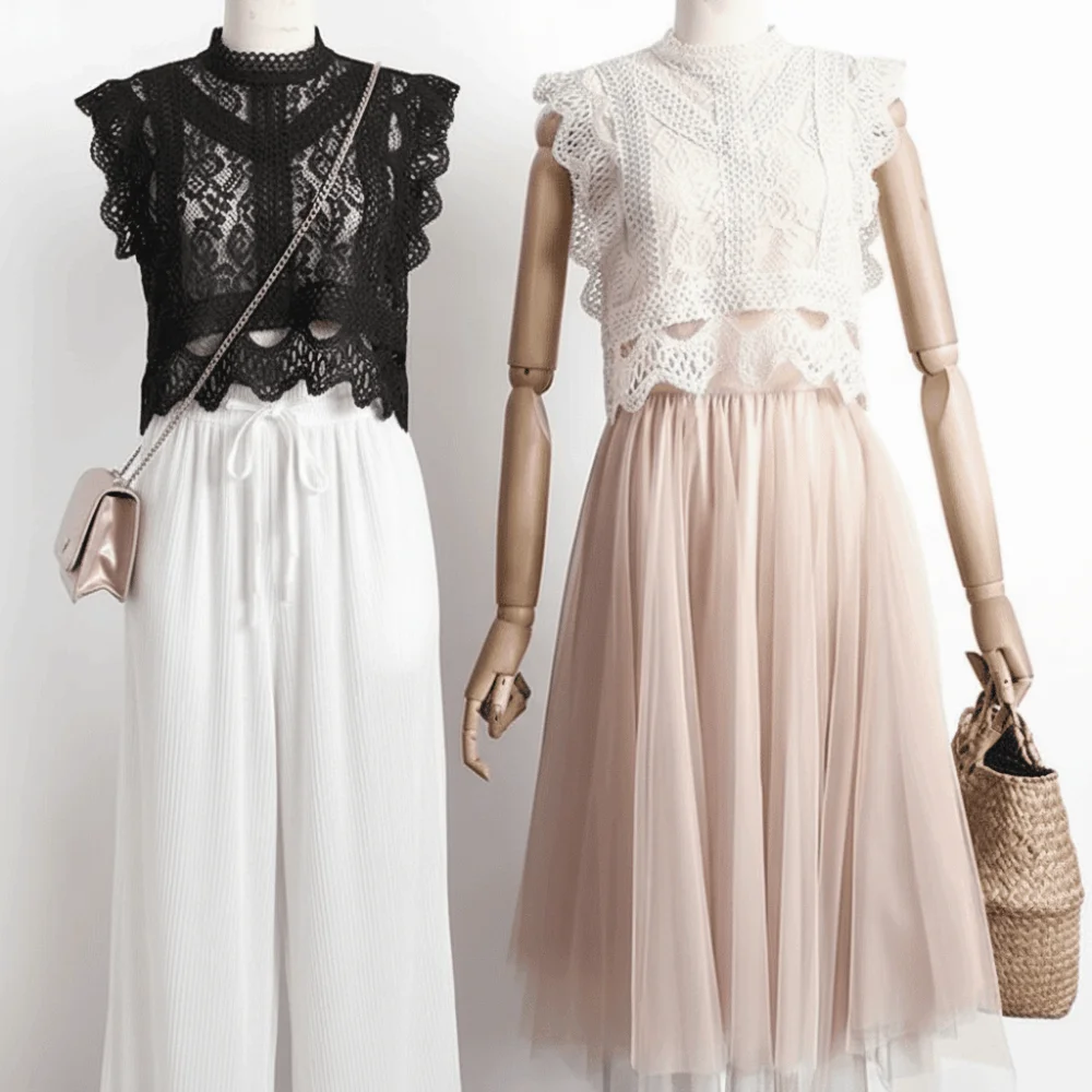 

Sweet Style Elegant Lace Sleeveless Top Stand Collar Slim Fit Hollow Out Vest Short Length Short Tops for Women