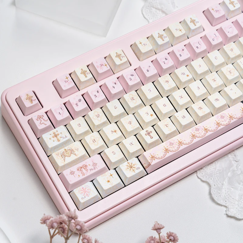 Angelic Pink Theme PBT Dye-Sub Cherry Profile Keycaps 133 Keys for 61 68 75 84 87 89 96 98 100 104 MX Switch Mechanical Keyboard