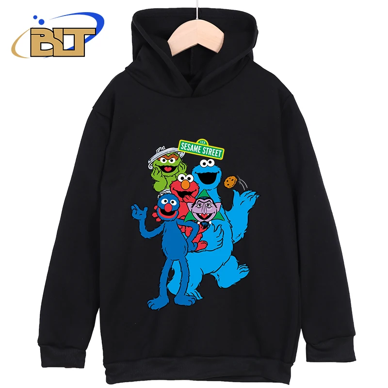 Sesame Street Printed Kids Clothing New Kids Hoodies Classic Sportswear Black Casual Tops Suitable for Boys and Girls