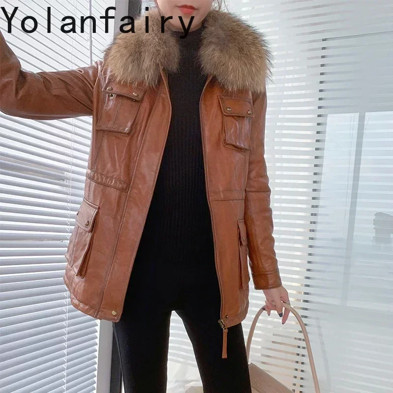 

Fashion 80%White Duck Down Women's Down Jackets Real Sheepskin Leather Jacket Women Raccoon Fur Collar Coat Female CasacoZjt1681