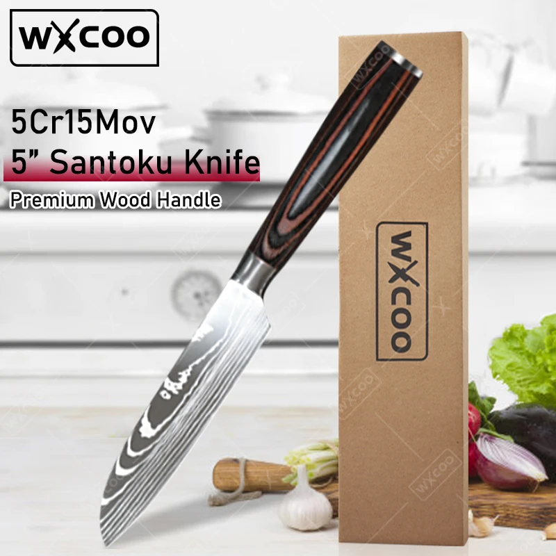 WXCOO 5″Japanese Small Santoku Knives Stainless Steels Chef Knife Damascus Laser Pattern Kitchen Knives Sharp Fruit Paring Knife