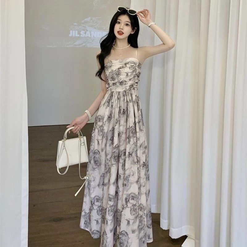 Gidyq Spaghetti Strap Dress Women Summer Sweet Cute Floral Camis Dress Korean Fashion Chic Female Sleeveless Long Vestidos New