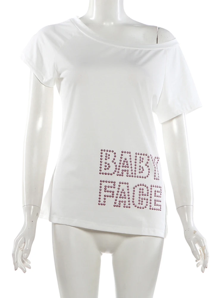 Sisterlinda Musikfestival T-Shirt für Damen mit Schriftzug-Dekoration, schrägem Kragen, kurzen Ärmeln, lässig, sommerlich, klassisch, schlicht, Streetwear – Detail 9