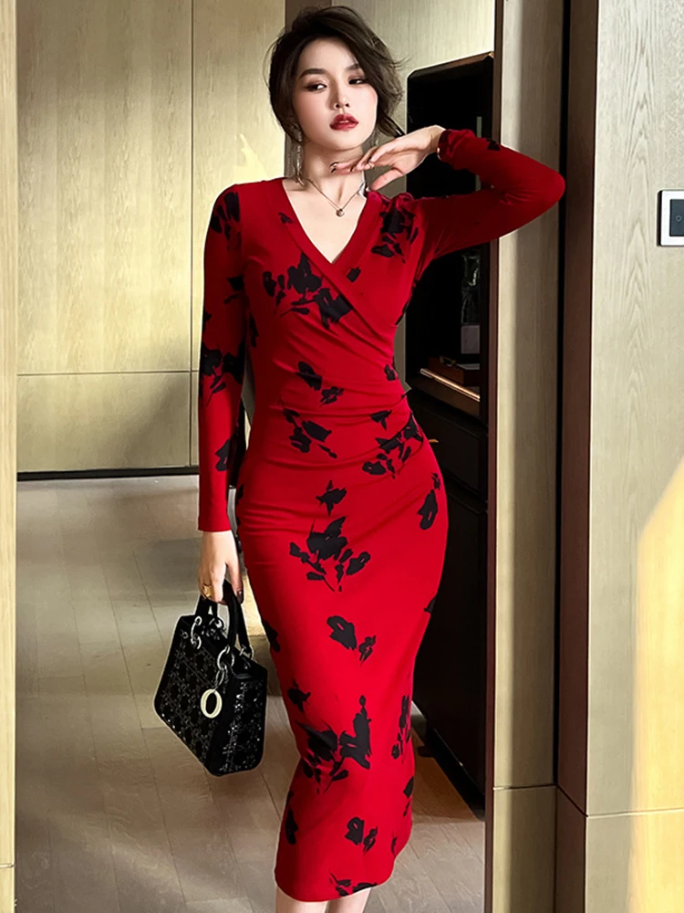 Spring Midi Dresses for Women 2023 Elegant Casual Bottom Long Dress Print Folds Bodycoin Robe Street Basics Lady Clothes Vestido