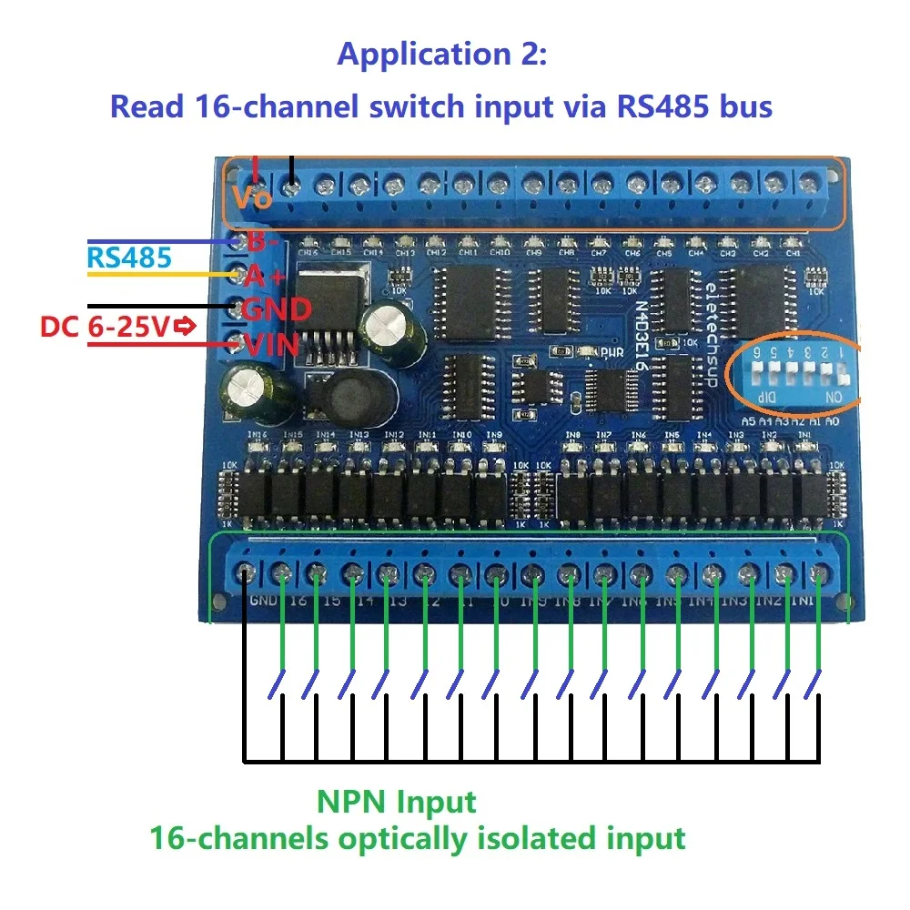 N4D3E16 DC 7-25V 16CH RS485 Input Output Port Remote Control Switch PLC IO Board DIN35 Modbus RTU Module For Relay LED driver