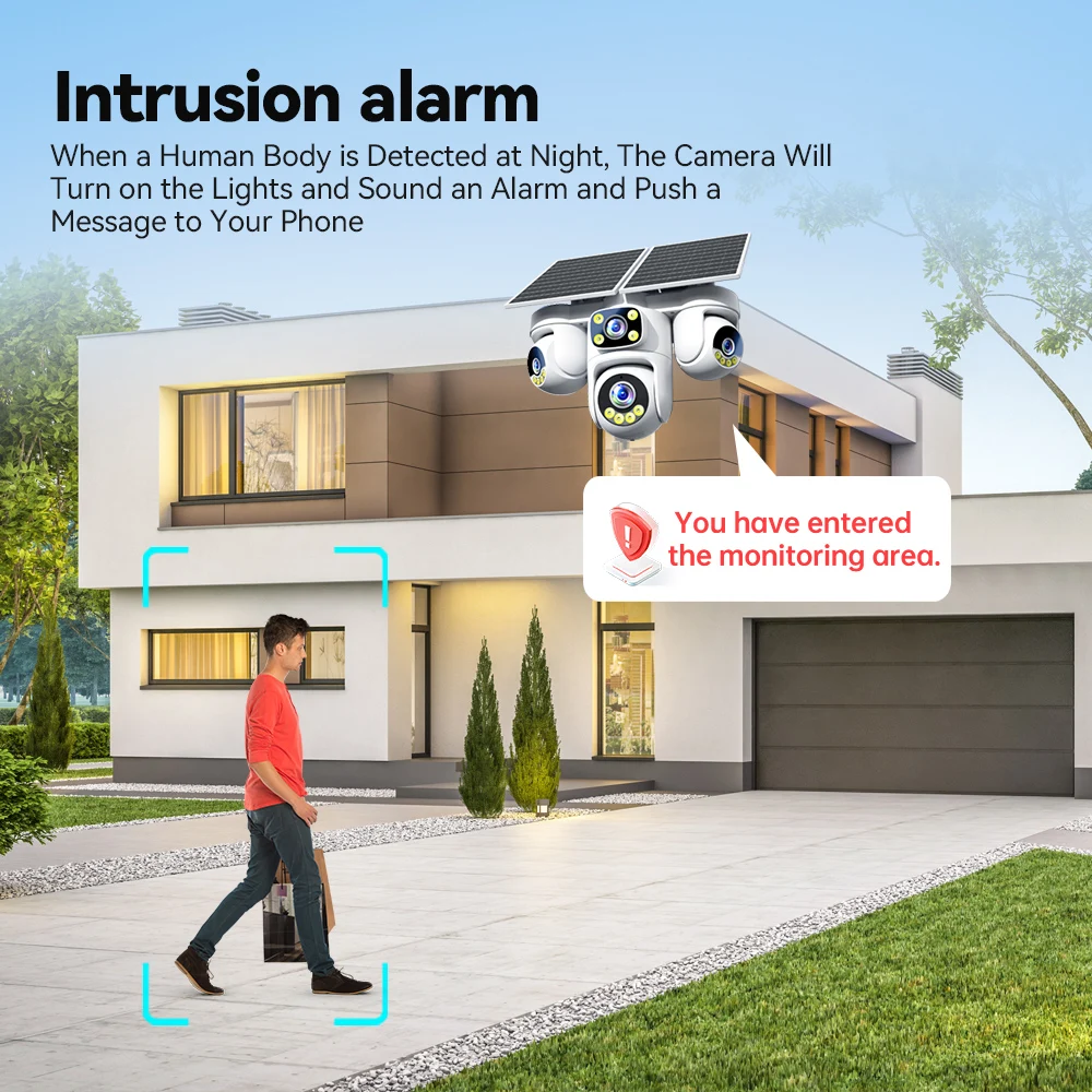 Wireless Solar 4G Security Camera 20MP Six Motors 4 Lens 4 Screens A0V Recording with 12000mAh 360° Auto Tracking Alarm CCTV view 6