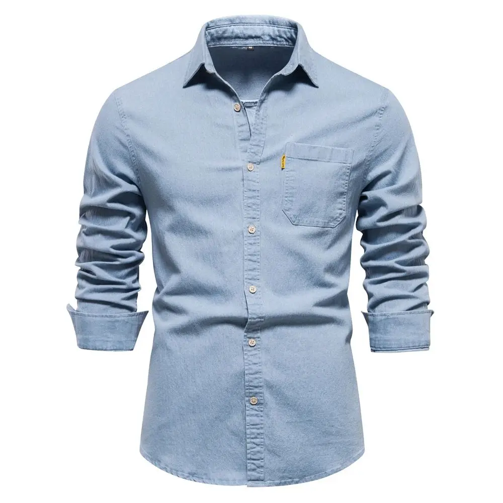 AIOPESON Men's Cotton Denim Shirt Autumn New Style Color Sin Thickened Fleece Lined  Collar Nine Sleeve Length