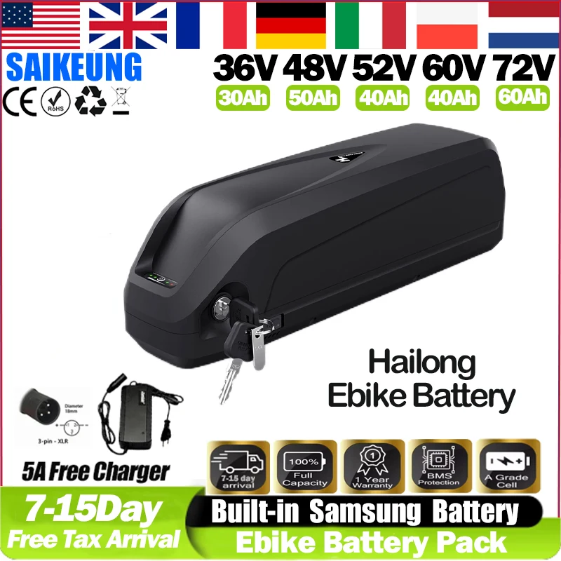 Hailong 48v 60v 72v E Bike Akku 20ah 30ah 40ah 13s5p Lithium Battery 36v 52v Electric Bicycle  S07-b Ebike 2000w Motor 13ah 50ah