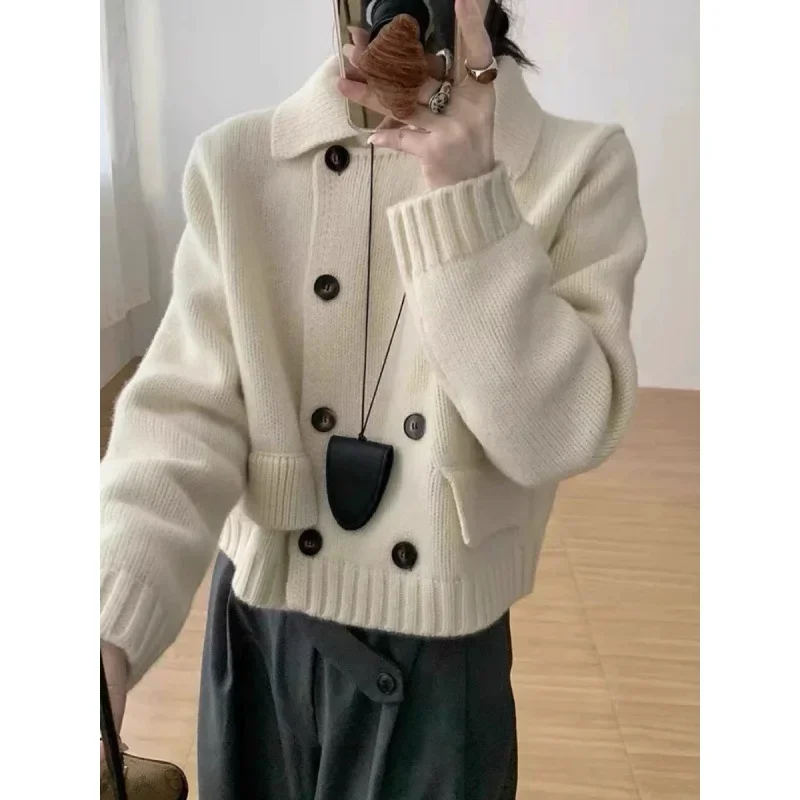 

Korean Style Ageless Double Button Design Long Sleeve Cashmere Sweater Jacket Soft Comfortable Stand Collar Knitted Top