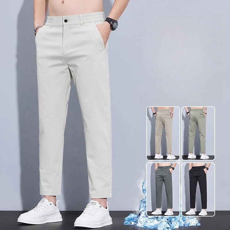 

Men's Ice Silk Casual Pants Summer New Business Classic All Match Trousers Slim Straight Elastic Waist Fashion Nine Points Pant