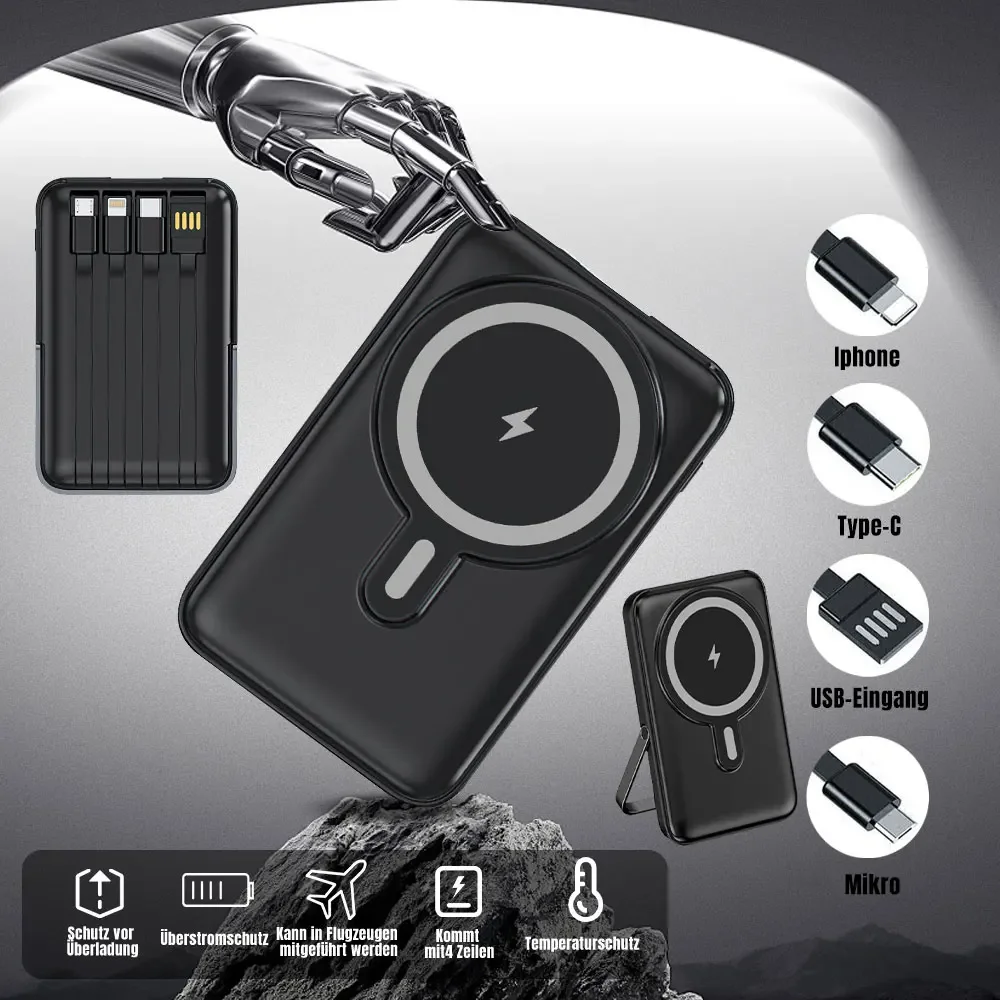 

10000mAh Magnetic Power Bank 22.5W External Battery Wireless Charger with 4Cables and Stand For iPhone 15 14 13 Xiaomi Huawei