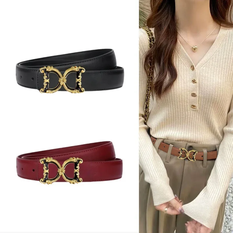 Ladies Vintage Ornate Double‑D Shape Metal Buckle Waist Belt Faux Leather Slim Waistband Decorative Strap For Daily Pants Dress
