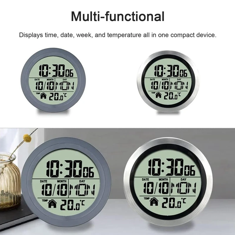 1 Piece No Punching Suction Cup Clock Gray Plastic Bathroom Kitchen Clock LCD Digital Display Clock Temperature Detector