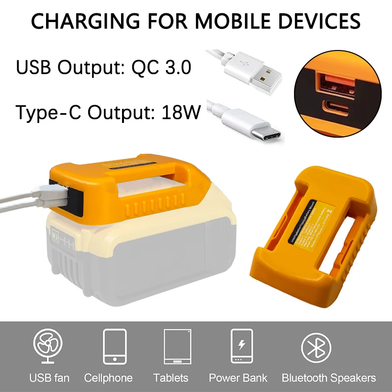 USB Charger Adapter Fit for Dewalt DCB200 DCB204 20V Lithitum Battery USB Adapter Holder with Type-C Output Fast Charging