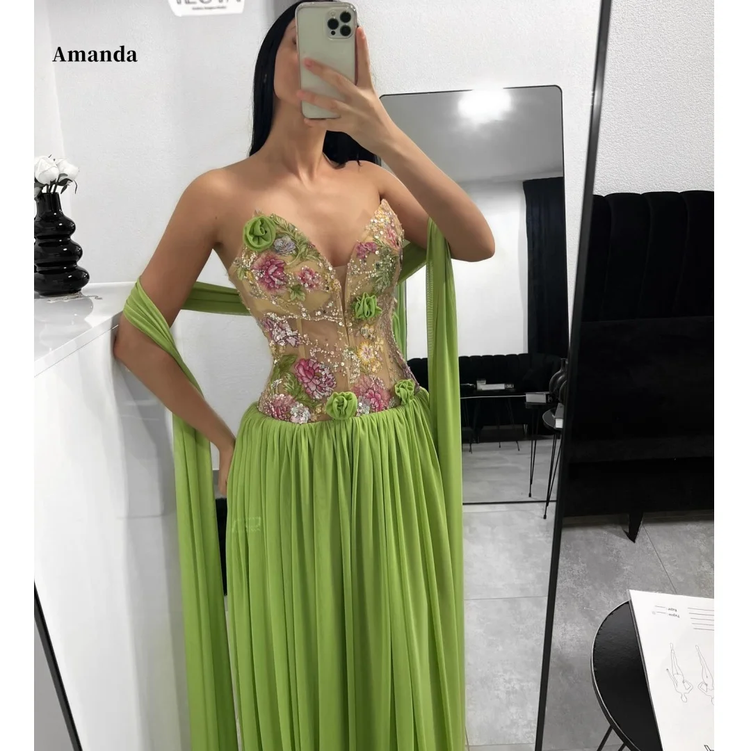 

Индивидуальный пошив: вечернее платье Аманда лаймово-зеленого цвета без бретелек с цветочным бисерным лифом и прозрачными лентами, вечерний наряд для торжественных мероприятий