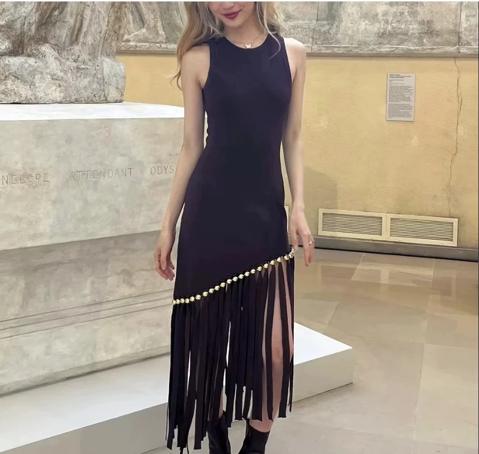 

Women's wine red round neck knitted dress slim fit gold beads decorated elegant midi robe