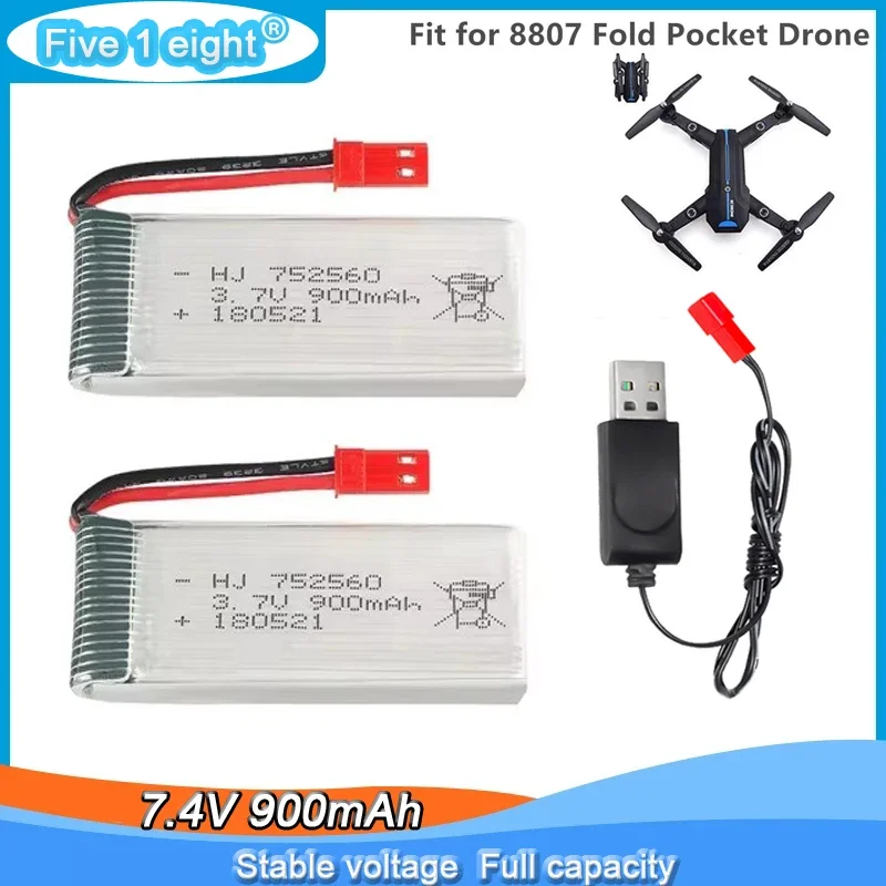 3.7V 900mah 25C 752560 Bateria Lipo wtyczka JST z ładowarką do X5 X5C X5SC X5SW 8807 8807W A6 A6W M68 części zamienne do dronów Rc
